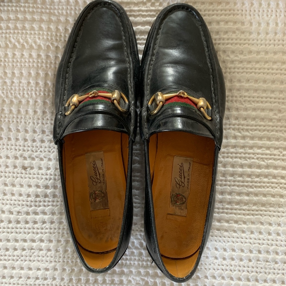 Gucci Black Leather Loafers with Gold and Red Accents